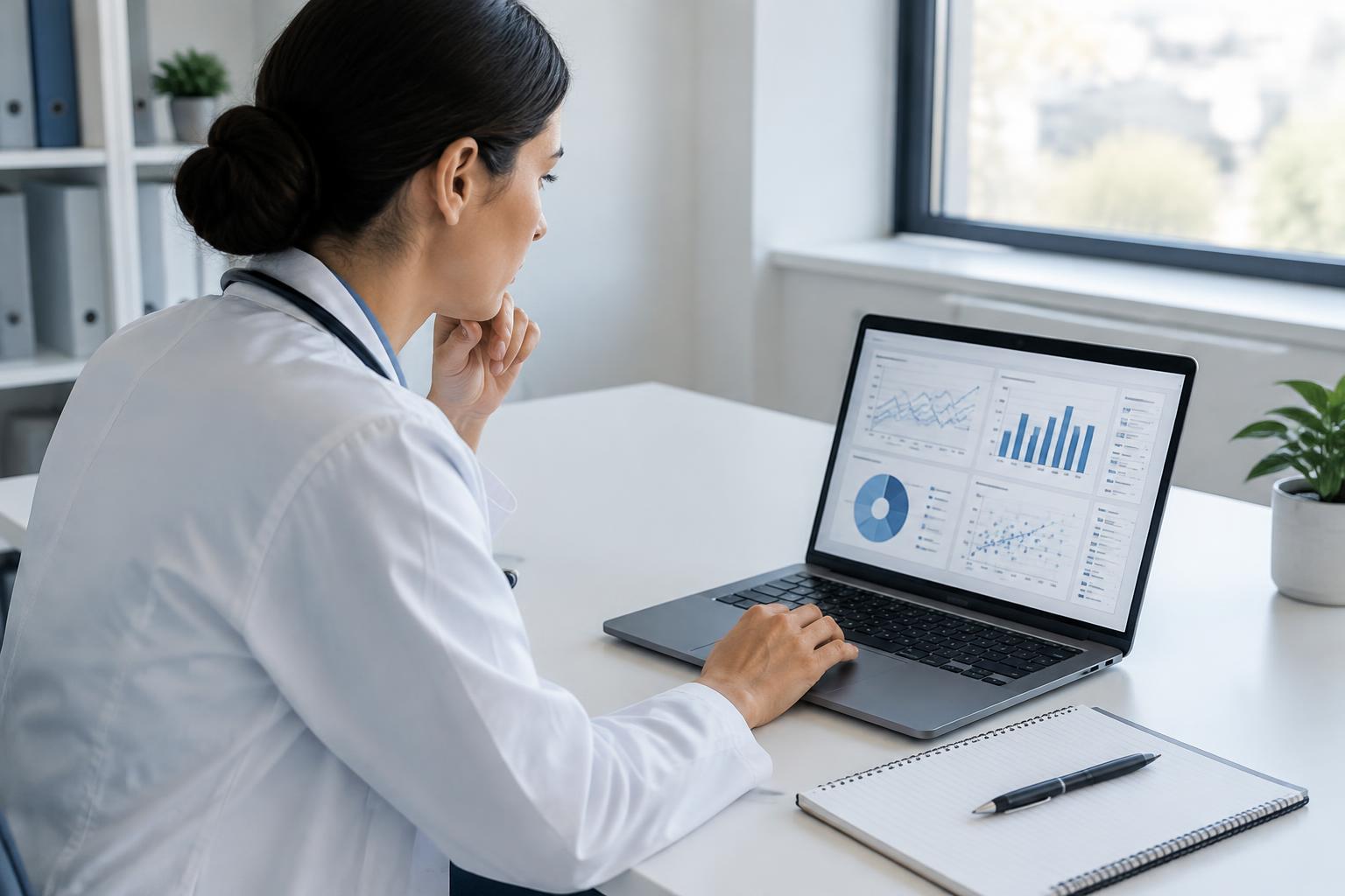 Médica analizando gráficas de desempeño en un computador
