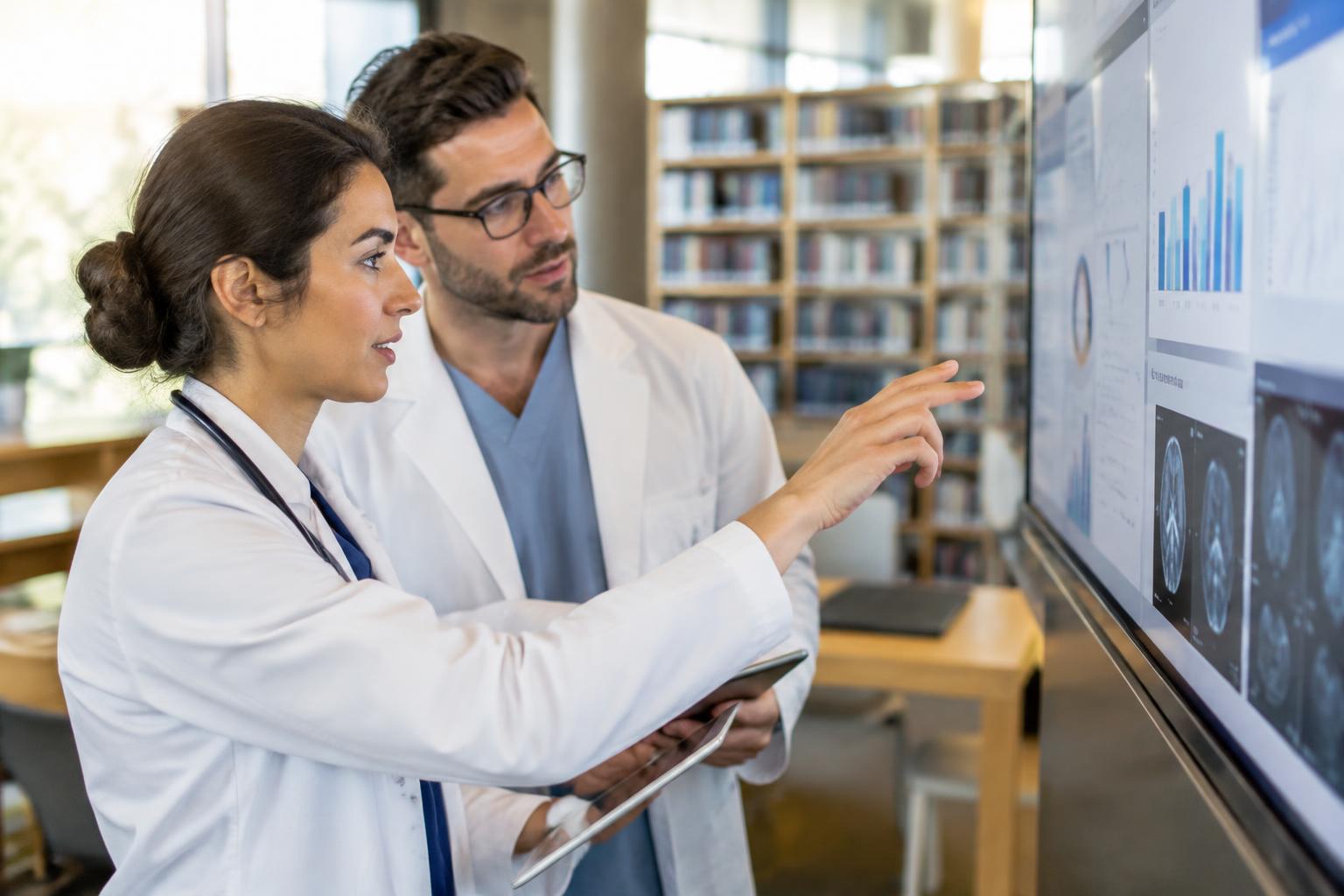 Médicos revisando resultados de desempeño en una pantalla