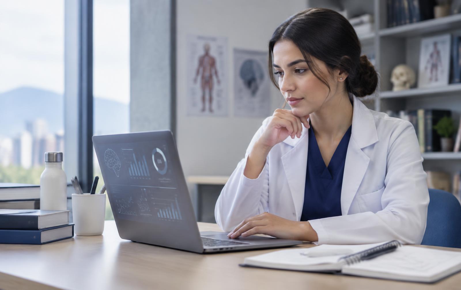 Médica estudiando con tecnología académica