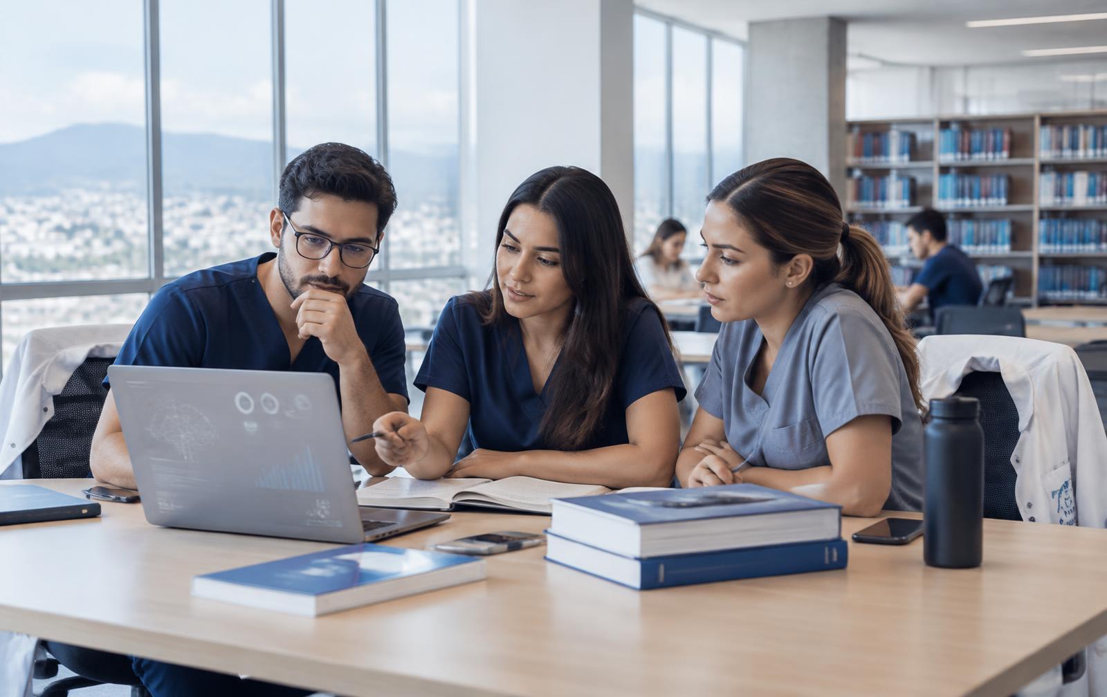 Médicos estudiando juntos en una biblioteca