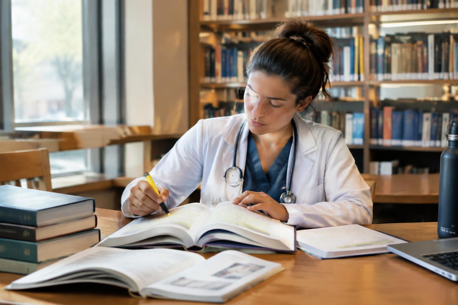 Médica estudiando con libros y apuntes en una biblioteca